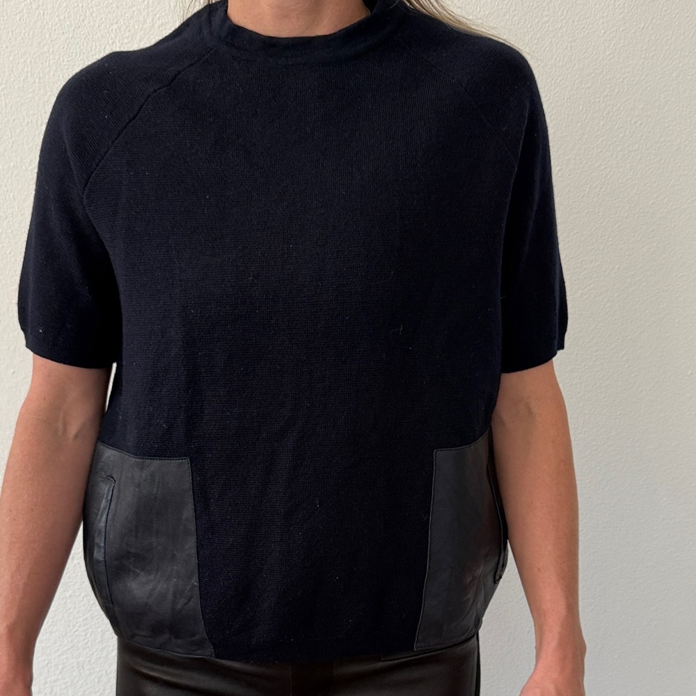 J.Crew Short Sleeve Navy Merino Wool Sweater with Faux Leather Pocket Accents